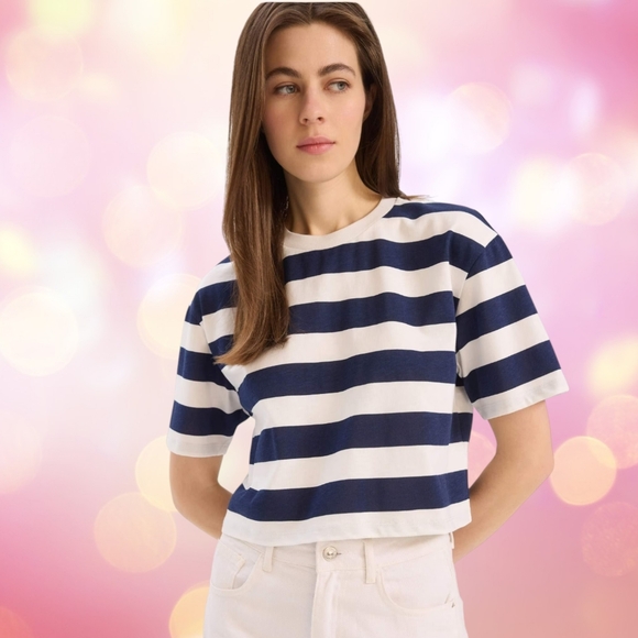 ZARA | Navy And White Striped Cropped Boxy Fit Cotton Tee Size M - Picture 2 of 8